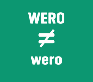 Logo mit grünem Hintergrund, weißem Schriftzug „WERO = wero“, das Gleichheitszeichen ist diagonal durchgestrichen.