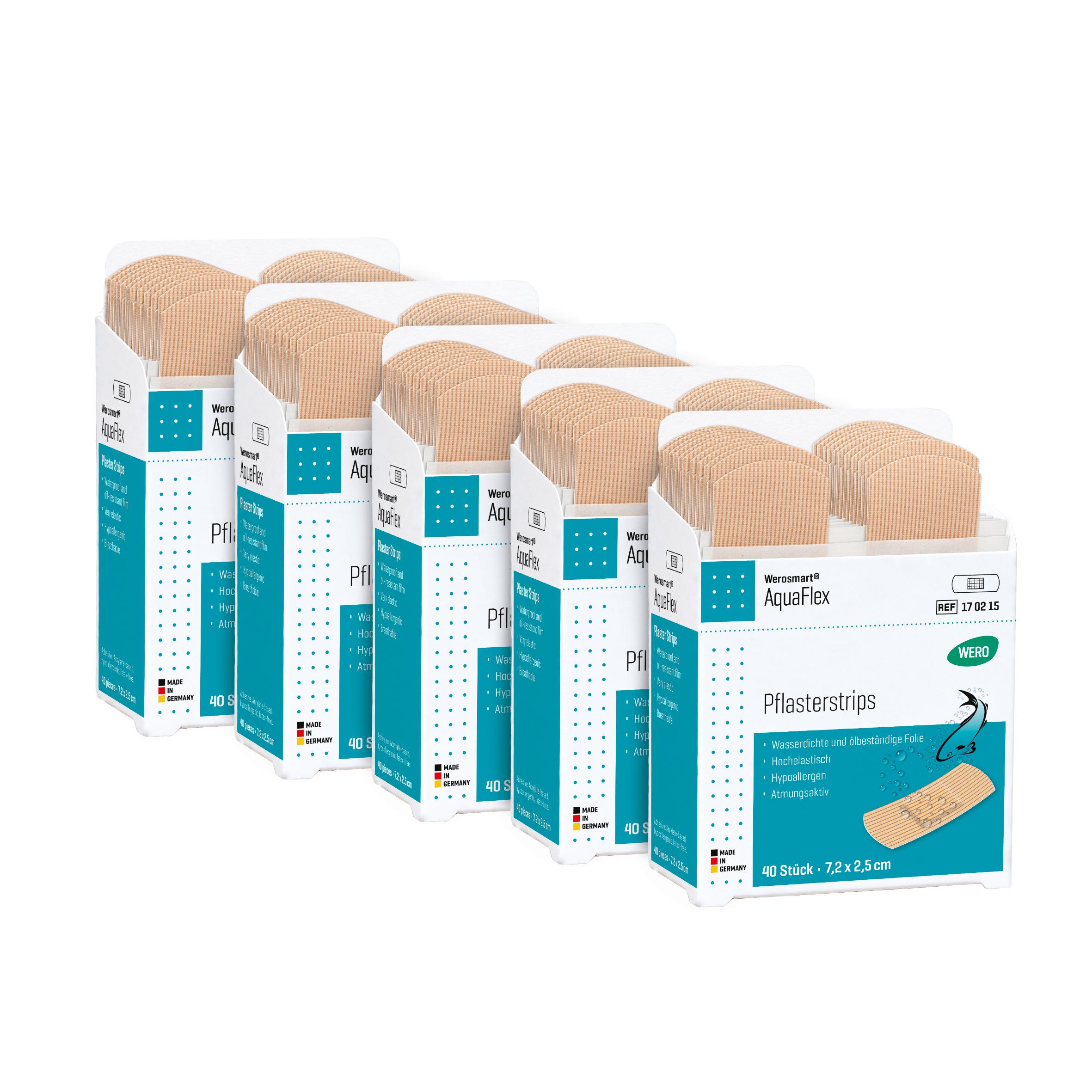 Fünf Werosmart® AquaFlex Pflasterspender-Einsätze Pflasterstrips Boxen mit blauen Details, jeweils 40 wasserdichten Strips à 7,2 cm.
