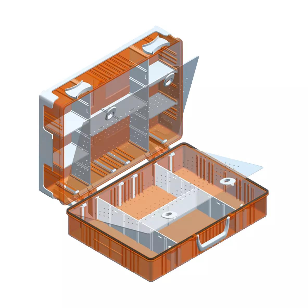 Offener Werotop® Erste Hilfe Koffer 450 aus orangefarbenem ABS-Kunststoff mit klarer Inneneinteilung und seitlichem weißem Griff