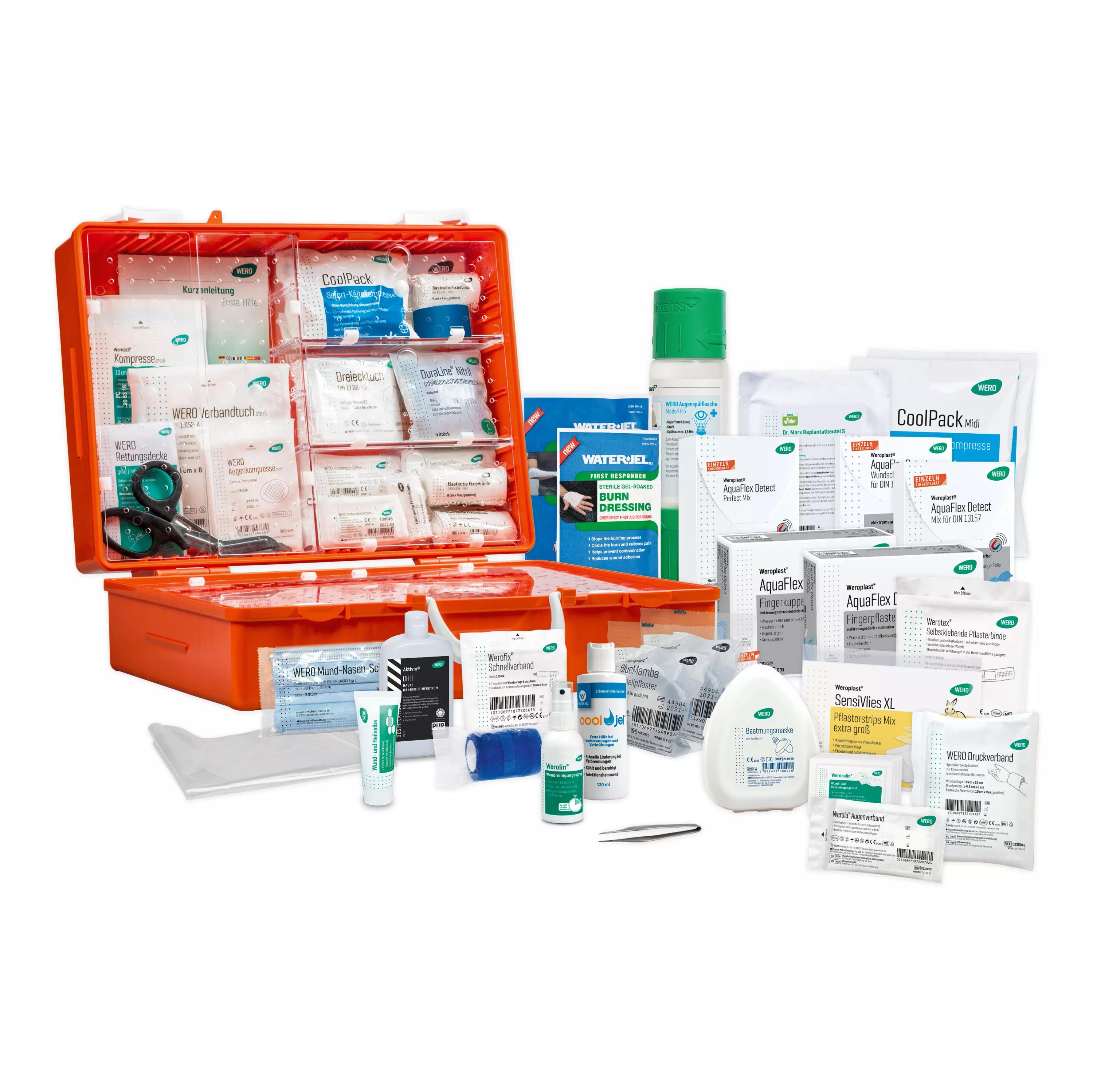Offener Werotop® 450 Erste Hilfe Koffer Lebensmittelverarbeitung DIN 13157 mit vielfältigem Erste-Hilfe-Material, blauen Pflastern und speziellem Verbandszubehör.