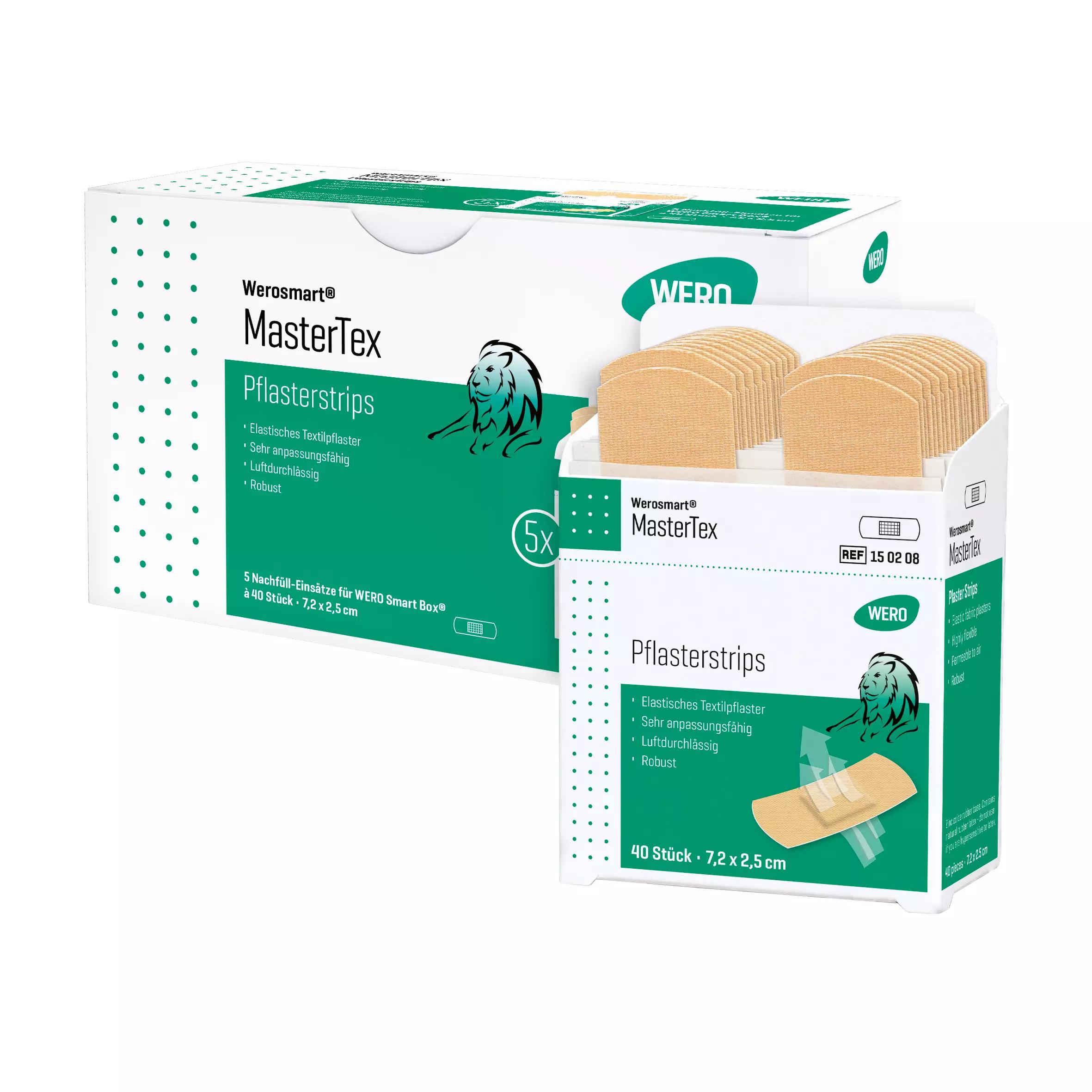 Zwei grüne Boxen Werosmart® MasterTex Pflasterspender-Einsätze Pflasterstrips mit Löwenmotiv, sichtbarer Kennzeichnung und verschiedener Stückzahl.
