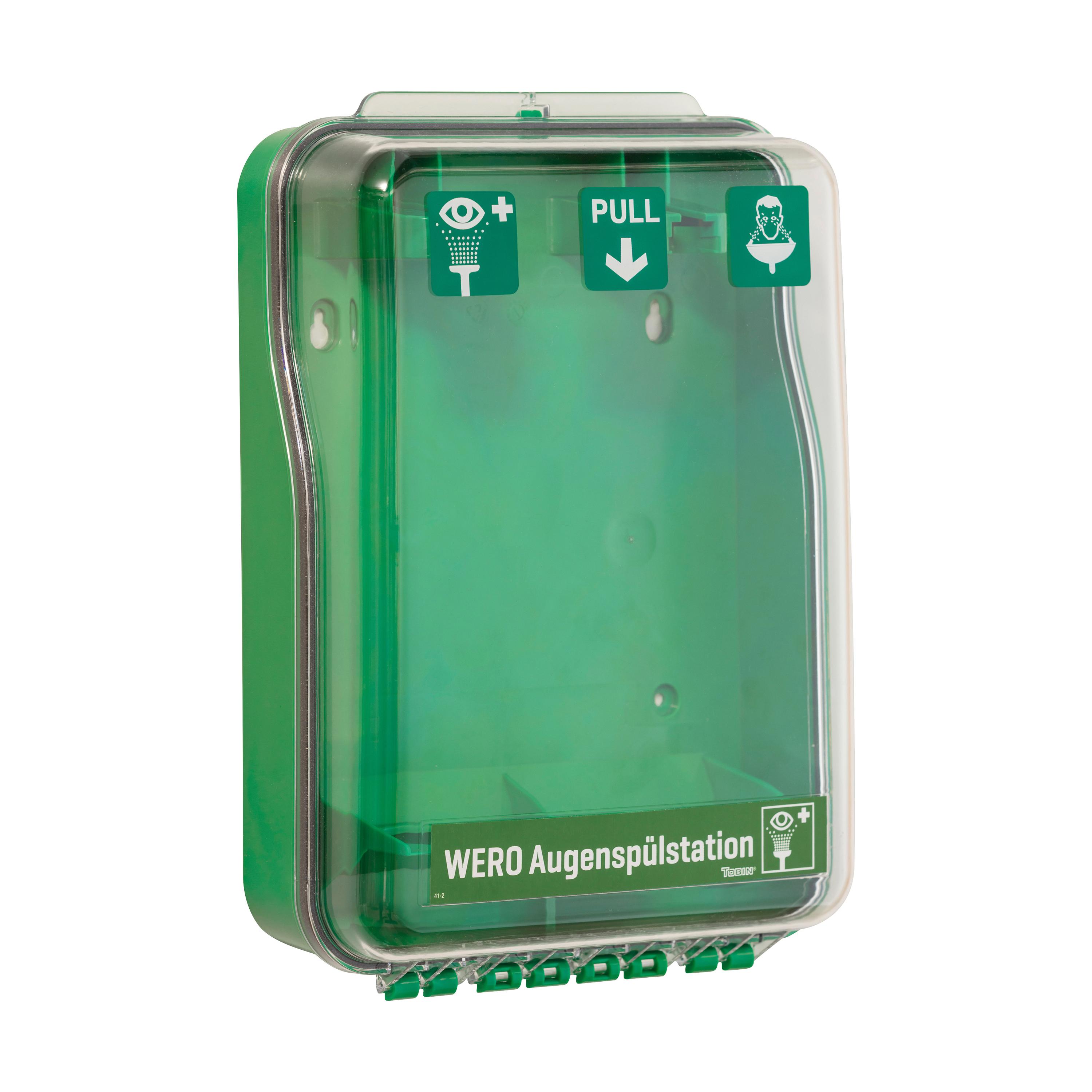 Grüne WERO Augenspüllstation mit Sichtfenster, vier Symbolen und weißer Aufschrift, unten mit grünem Zuggriff ausgestattet.