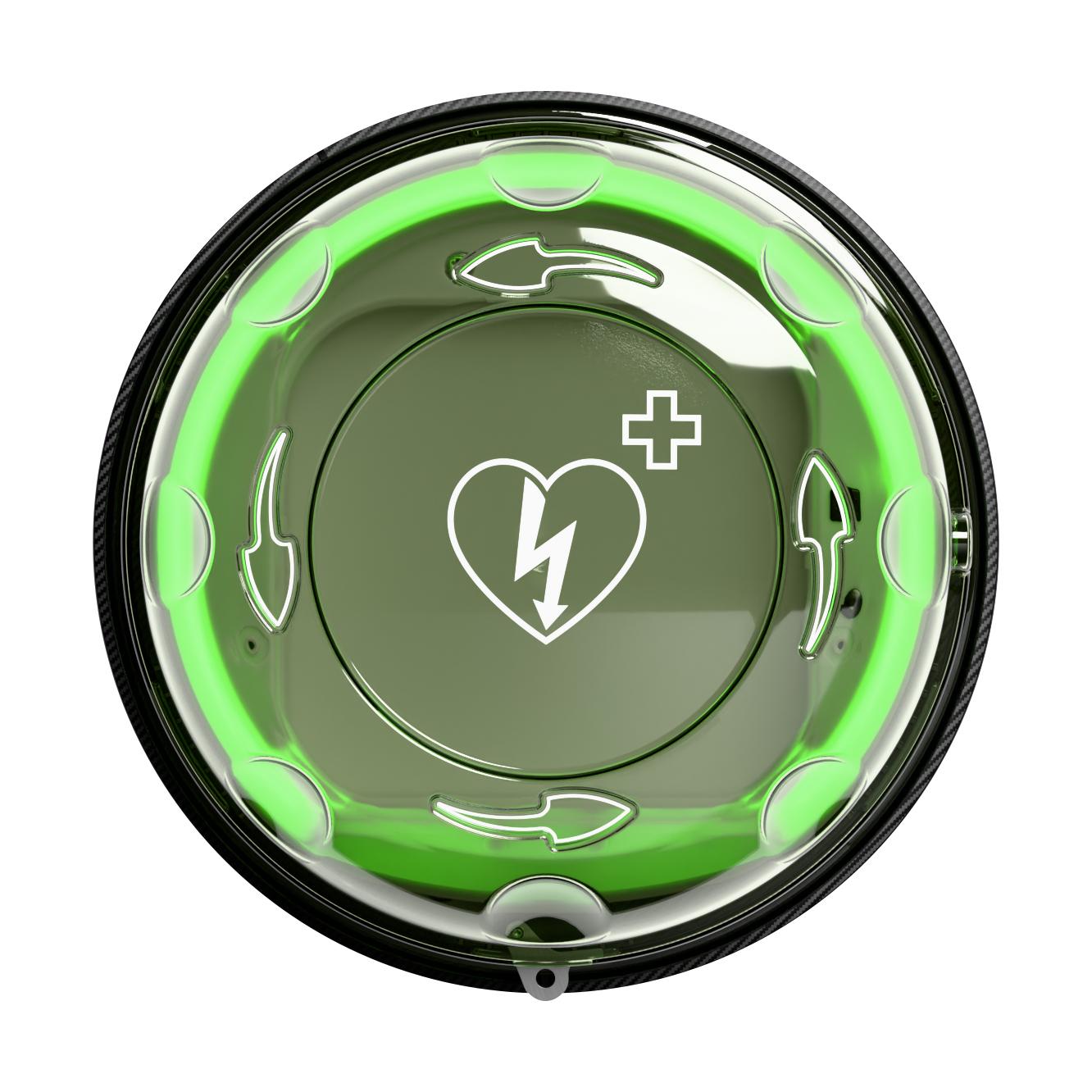 Ein runder, transluzent grüner Wandkasten Rotaid 24/7 zur Fernüberwachung von AEDs mit weißem Herzsymbol und vier markanten Hinweispfeilen.