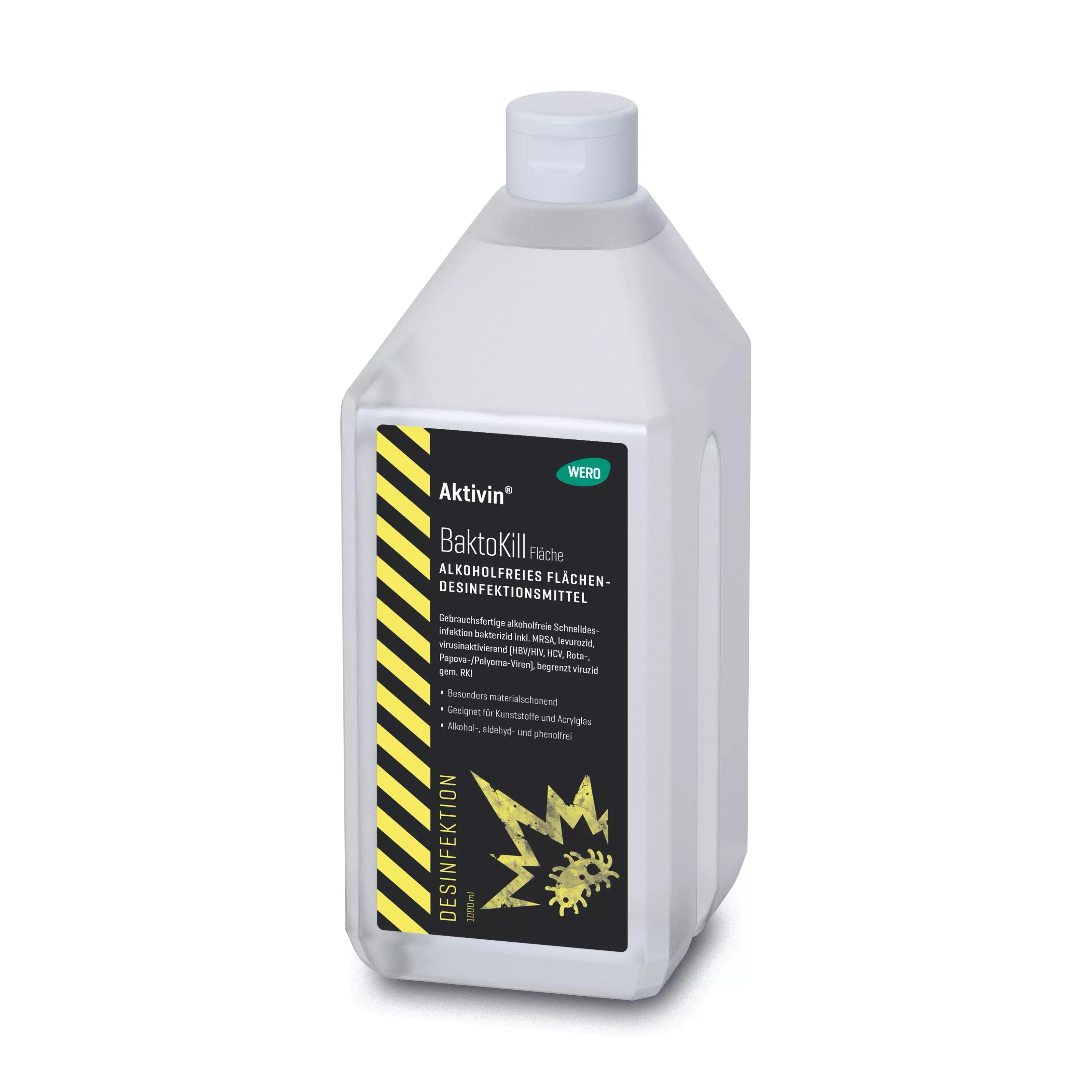 Transparente Flasche Flächendesinfektion Aktivin® BaktoKill mit weißem Verschluss, gelbem Streifen und schwarzem Label, alkoholfrei und schonend für empfindliche Oberflächen.